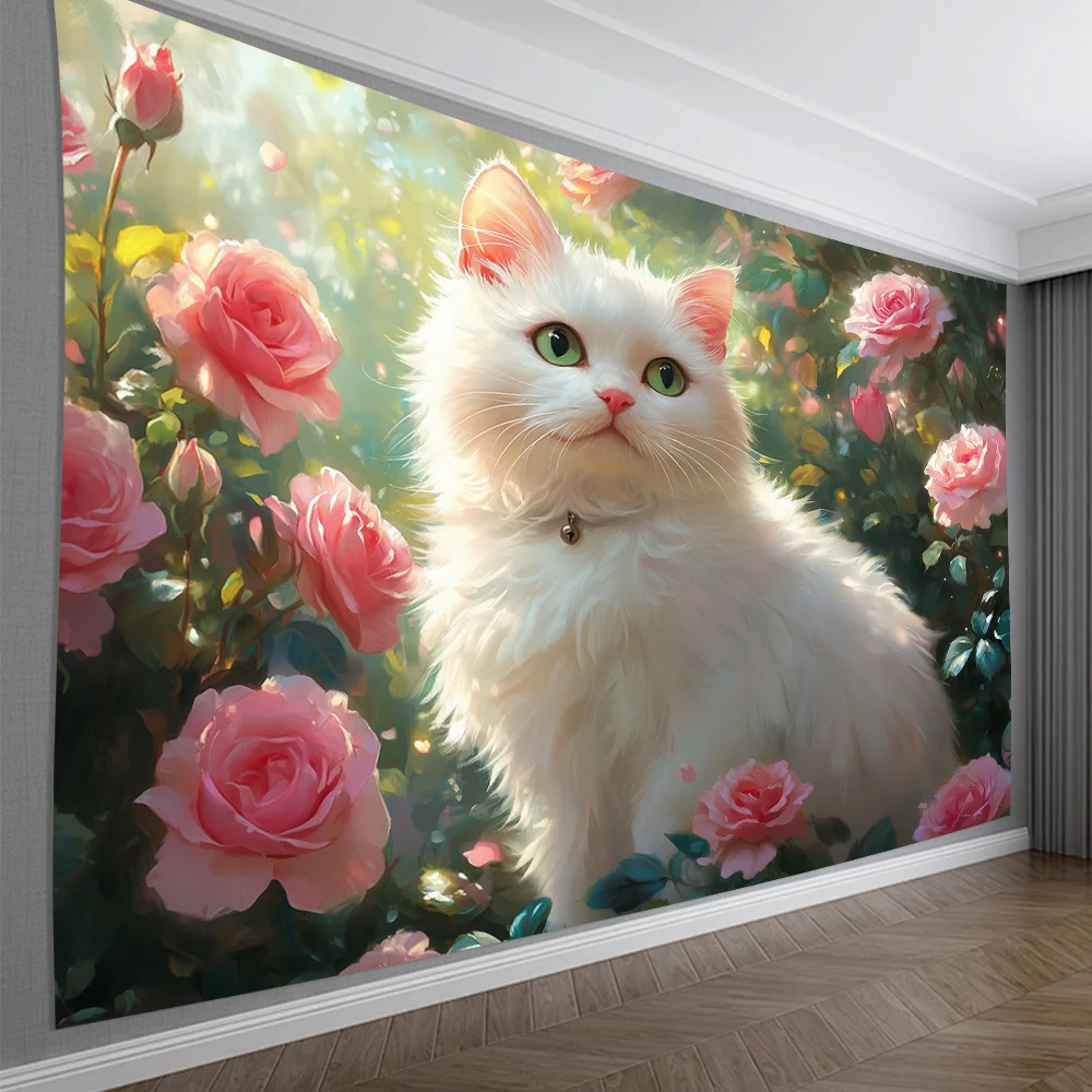 White Cat & Pink Roses Tapestry, Fluffy Cat with Bell in Blooming Rose Garden, Ideal for Bedroom Living Room Wall Decor