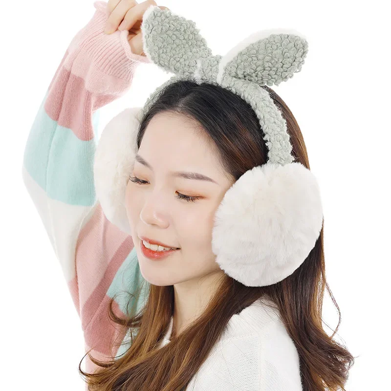 Earmuff de pele de coelho falso para homens e mulheres, bonito Earmuff fofo, tamanho grande, pele falsa, pom pom pom pom, quente, protetor de orelha, inverno