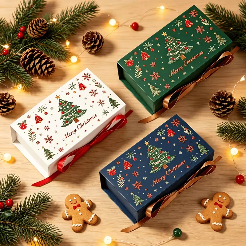 5PCS Christmas Gift Box, Christmas Tree Snowflake Printed Rectangular Gift Box, Candy and biscuit Packaging Box