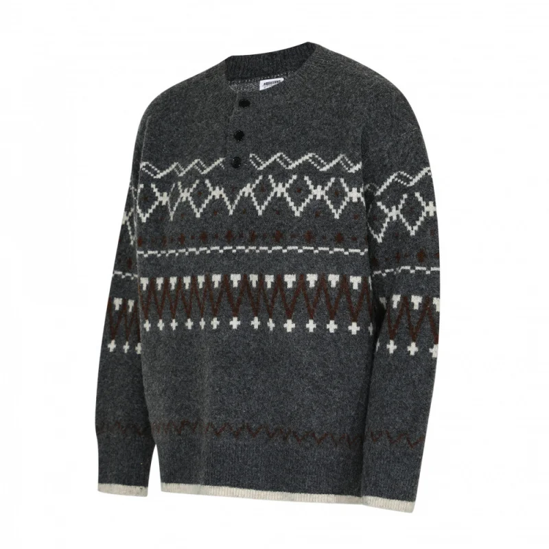 Men's Gray Fair Isle Knit Sweater, 2025 Autumn New Warm Thermal Button-Down Casual Outerwear