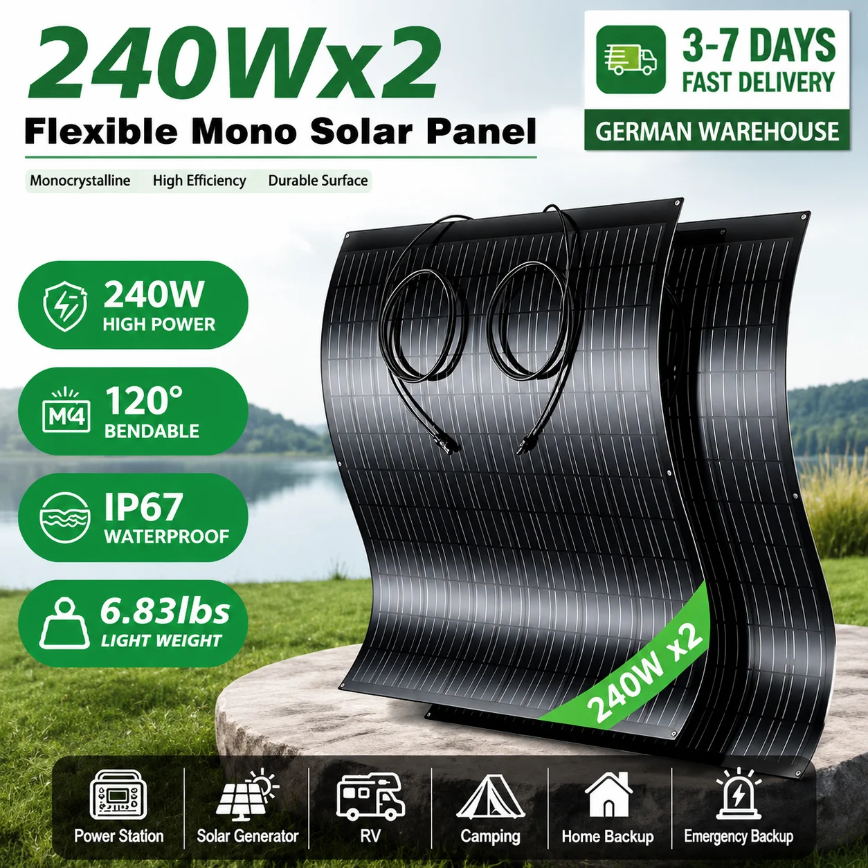 Pannello Solare Flessibile 480W, Caricabatterie 24V, Cella Solare Monocristallina, Impermeabile IP67 per Balconi, Camper, Zaini, Tende