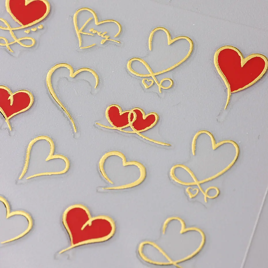 3 قطعة Y2K الذهب موجة خط القلب الشارات ثلاثية الأبعاد الأحمر الوردي الذهبي الحب تصميم ملصقات الأظافر لاصق عيد الحب الحلو مسمار مانيكير المنزلق