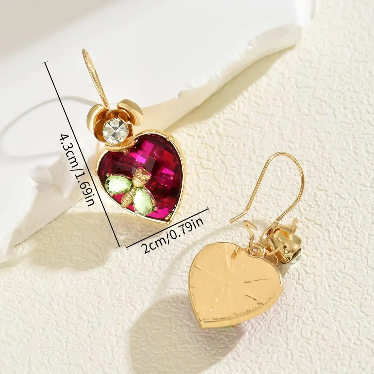 Obega Flower Heart Shaped Hook Earrings Rose Red Crystal Bee And Flower Design Earrings Elegant Gold Color Evenig Jewelry