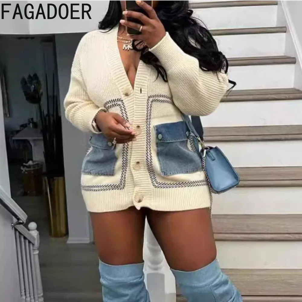 FAGADOER White Fashion Knitted Sweater Stitching Tops Women V Neck Button Long Sleeve Loose Coats Female Solid Cardigan Clothing