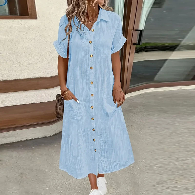 Frauen Mode Sommer Midi Kleid V-ausschnitt Button Up Urlaub Kleider Frauen Baumwolle Leinen Weiß Kurzarm Tasche Casual Hemd Kleid