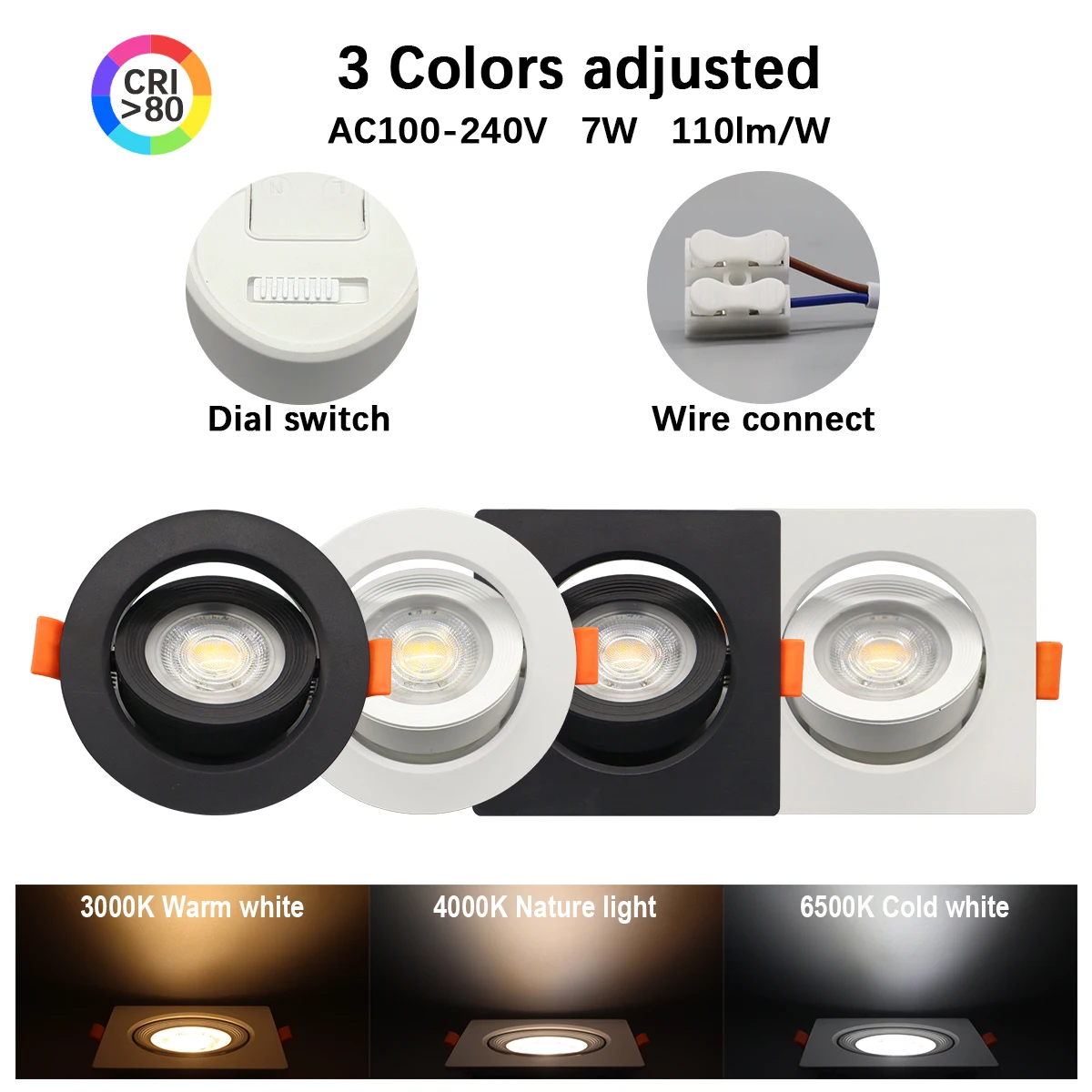 

6pcs Dial switch CCT embedded LED ceiling spotlight AC 220V 110V 3000K 4000K 6500K Adjustable angle Downlight for home decor