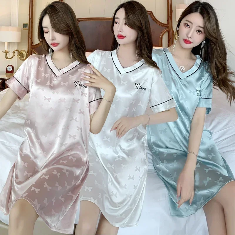 

2024 Summer Short Sleeve Sexy Lingerie V-neck Silk Satin Print Nightgowns for Women Sleepwear Nightdress Night Dress Home Nighty