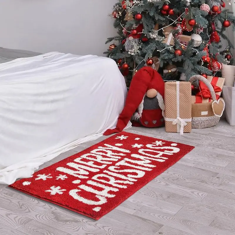 VIKAMA Christmas Bath Runner Mat Red Merry Christmas Snowflake Print Absorbent Rug For Bathroom Bedroom Hallway Xmas Decor