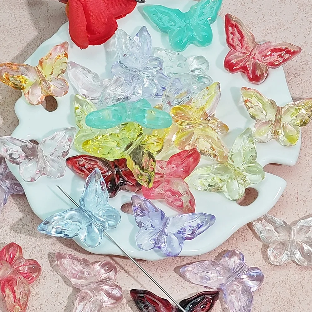 10PCS 30x20mm Multicolor Clear Glass Butterfly Beads,Straight Through Hole butterfly Beaded,Handmade Keychain Bag Pendant Craft