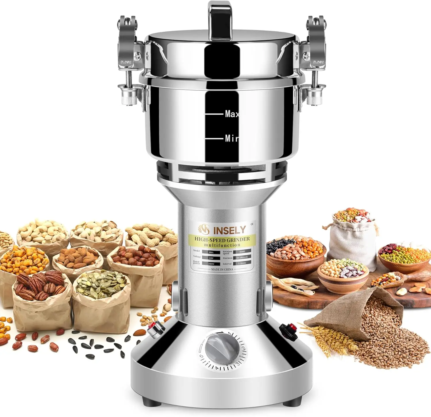 300g High-Speed Electric Grain Grinder, Stainless Steel for Kitchen, Spices, Herbs & Seeds