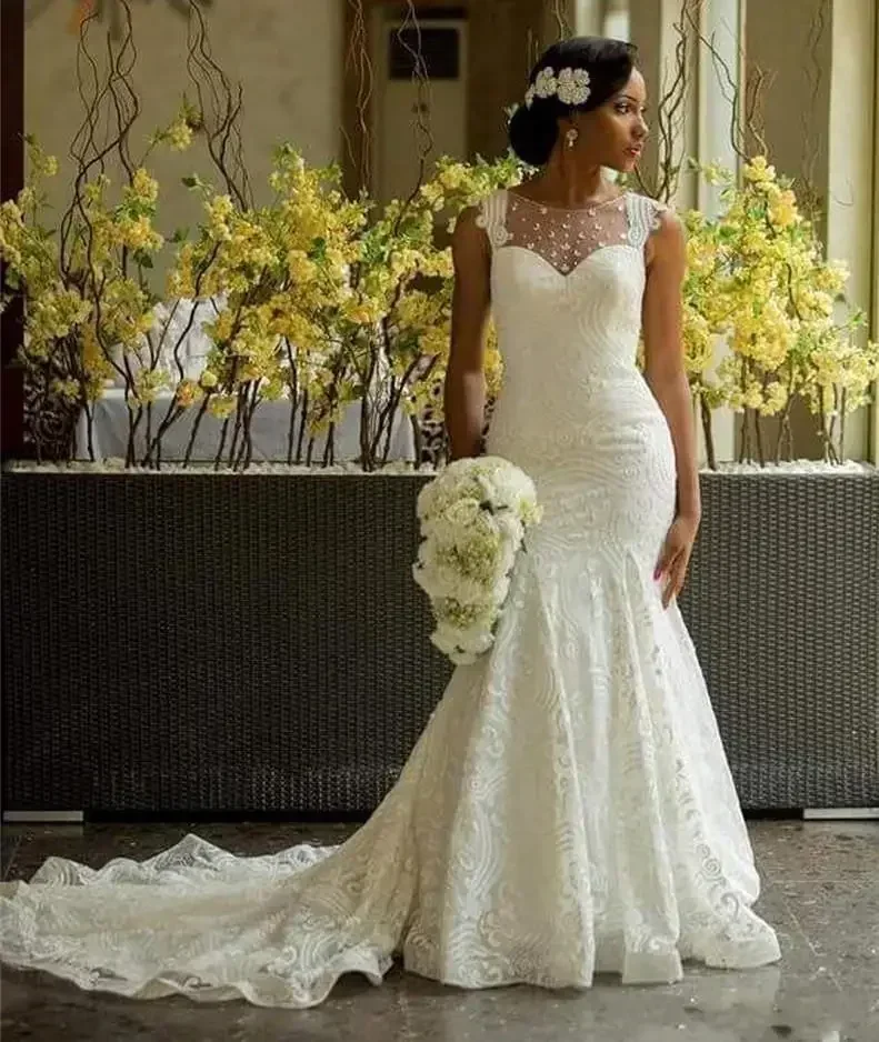 

Customized Mermaid Sleeveless Lace Wedding Dresses Sweep Illusion Button Back Formal Women Bride Gown