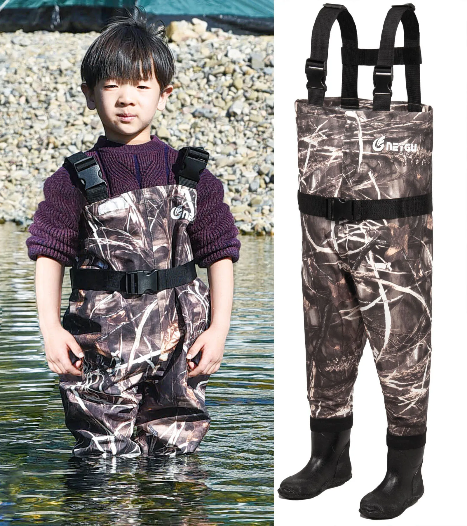 

NeyGu Childrens Fishing Waders with Boots, Kids Chest Camo Waders with Boots, youth fishing waders, toddlers boys fishing wader