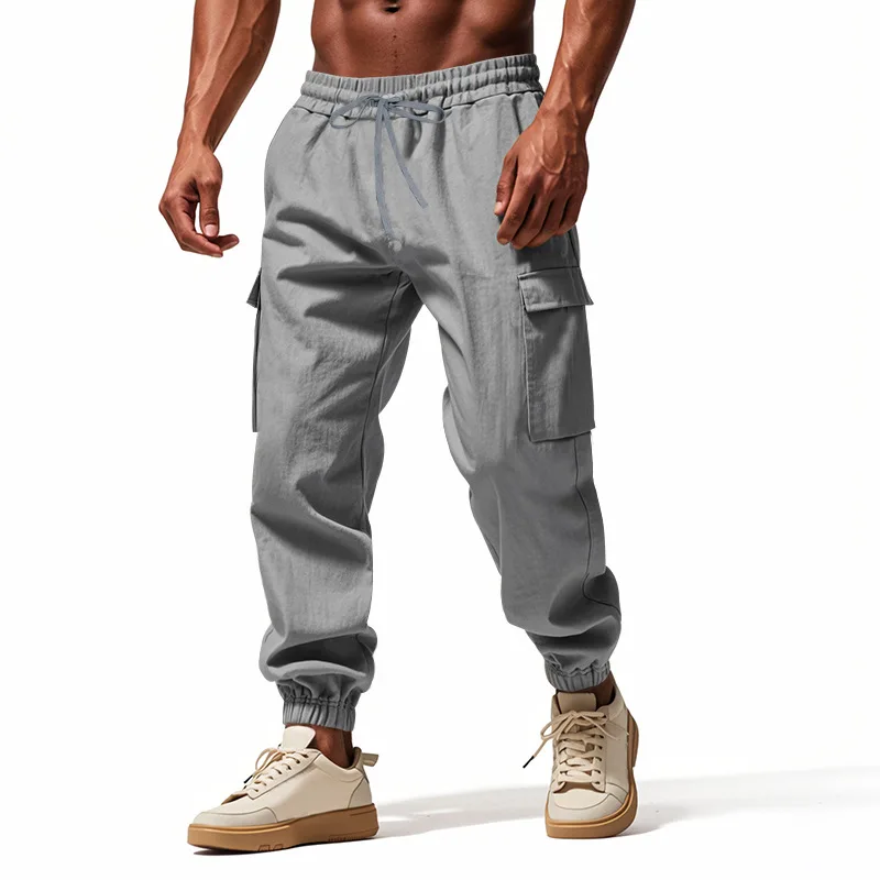 الرجال سراويل تقليدية في الهواء الطلق بلون القطن الكتان متعدد جيب مخروطي الركض قيعان الدانتيل متابعة سليم صالح موضة ملابس الشارع