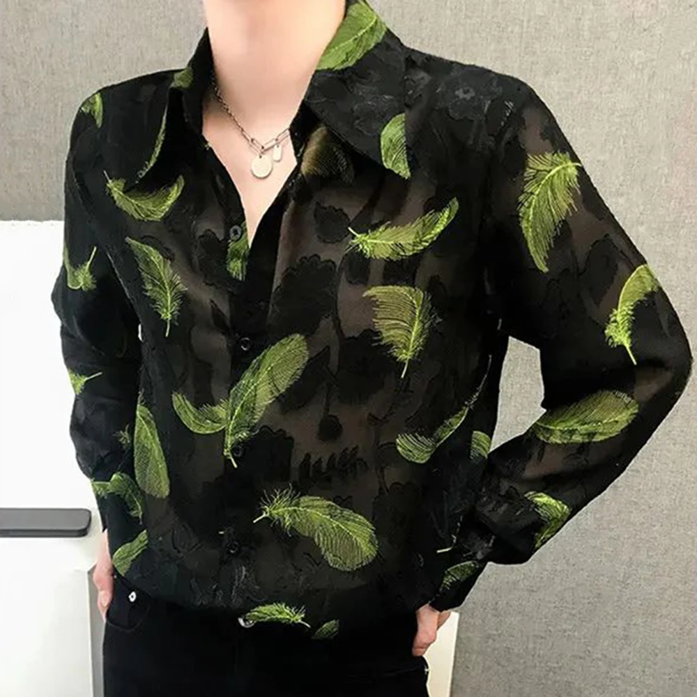 

Mens Sexy Feather Embroidery Mesh See-Through Thin Shirt Autumn Genderless Fashion Nightclub Hollow Shoulder Pad Shirt Unisex