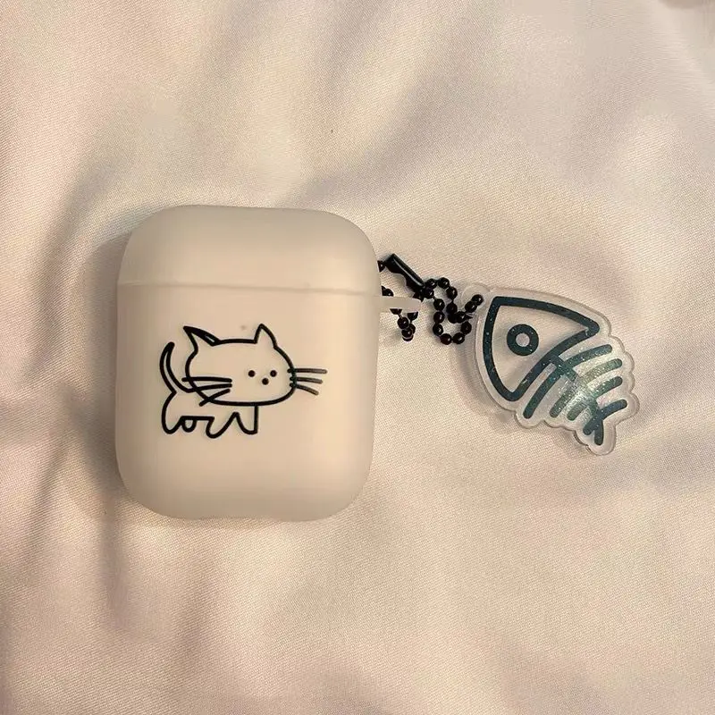 Ins Cartoon Cat Couples Matte Case For AirPods 1/2/3 Soft TPU Cute Cover for AirPods Pro 2 Bluetooth Earphone Case Fish Keychain