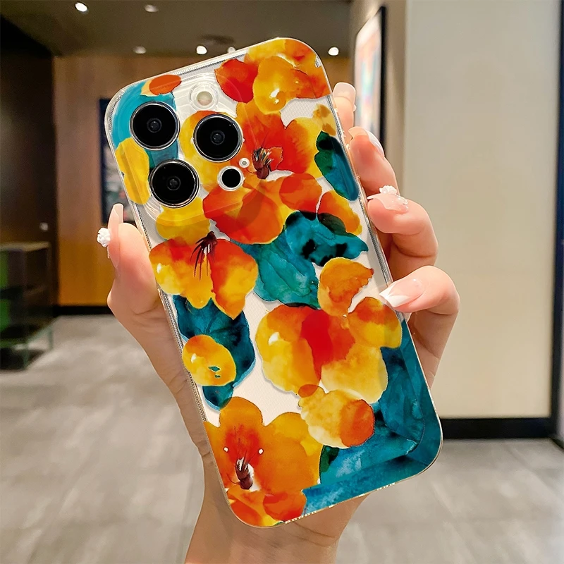 Literary Bright-colored Flowers Ultra Thin Clear Phone Cases for iPhone 15 Pro Max 11 14 13 12 XSMax Mini XR 7 8 Plus Back Cover