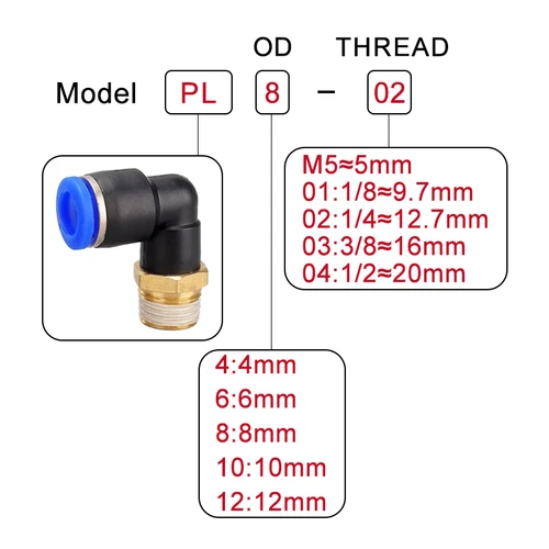Imagen 2 del producto Conector de aire neumático PL codo 1/8 ""1/4"" 3/8 ""1/2"" tubo de rosca neumática macho tubo de montaje montaje de empuje de aire OD 4 6 8 10 12mm