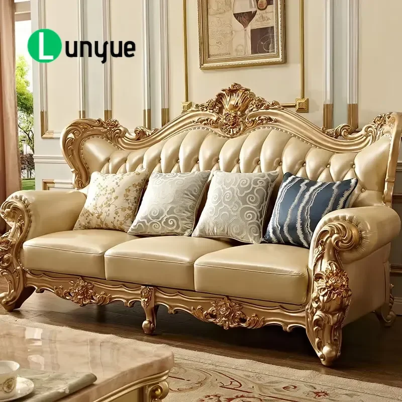 European Leather U Shaped Sofa Solid Wood Carved Flower Movable 123 Combination Sectional Couch for Villa Living Room Large
