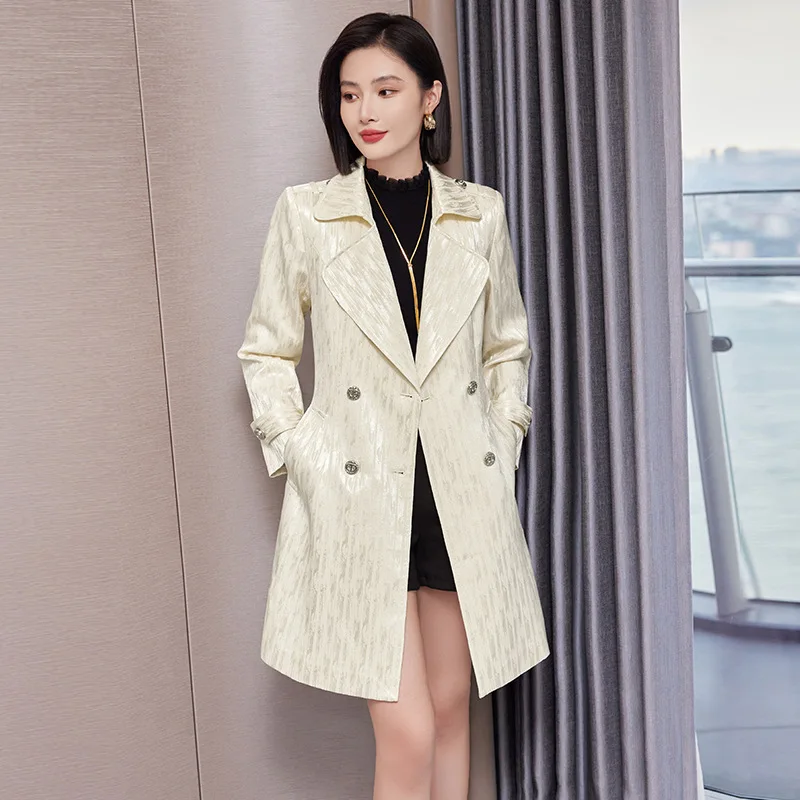 

High End Female Jacquard Coat Long Slim Trench Coat For Women’S Winter Double Breasted Women Windbreaker Larger Size Outwear