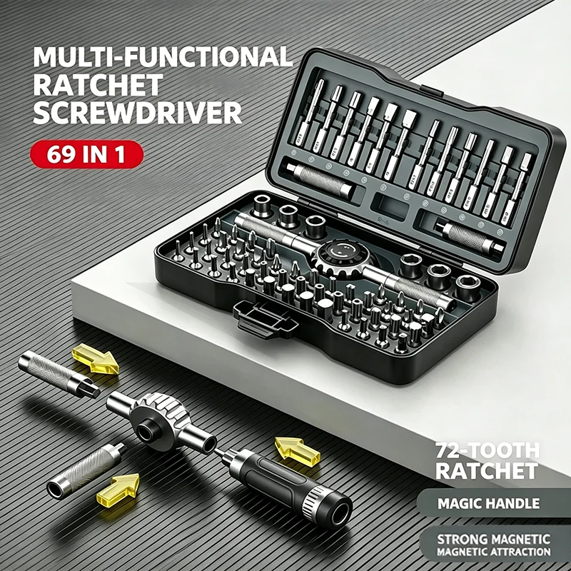 69 in 1 Magnetic Ratchet Screwdriver Kit Durable Multifunctional Hand Repair Tools for Auto Furniture Electronic Daily DIY Use