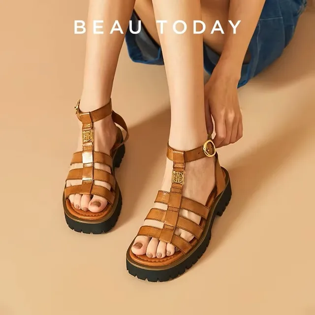 BeauToday sandały gladiatorki damskie prawdziwej skóry okrągłe Toe kostki metalowa klamra platforma letnie buty damskie ręcznie robione 38215