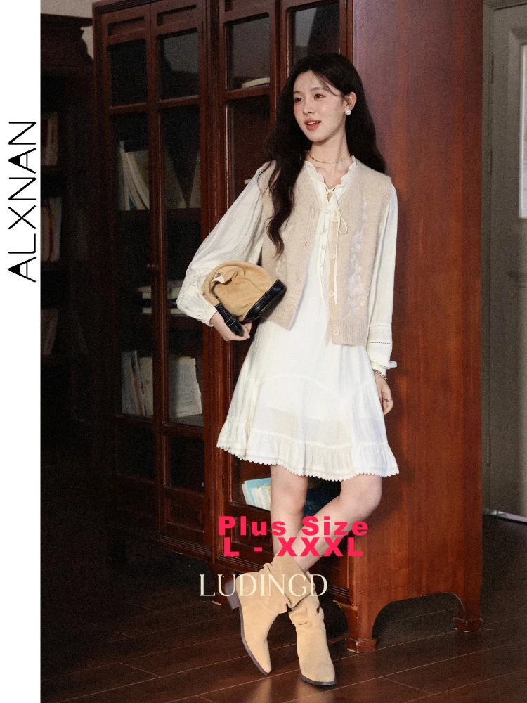 

ALXNAN Plus Size Women's Long Sleeve Dress 2025 New Autumn Lace Embroidery Patch Tie Slimming Short Dress Female Clothing D13123