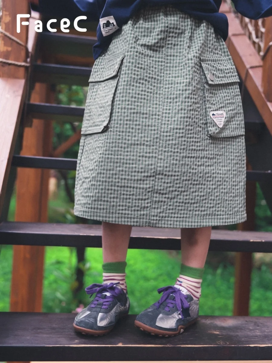 Outdoor Camping Plaid Midi Skirt Children's Workwear Half Skirt Girls Spring Autumn New Style Breathable Comfortable Polyeste...