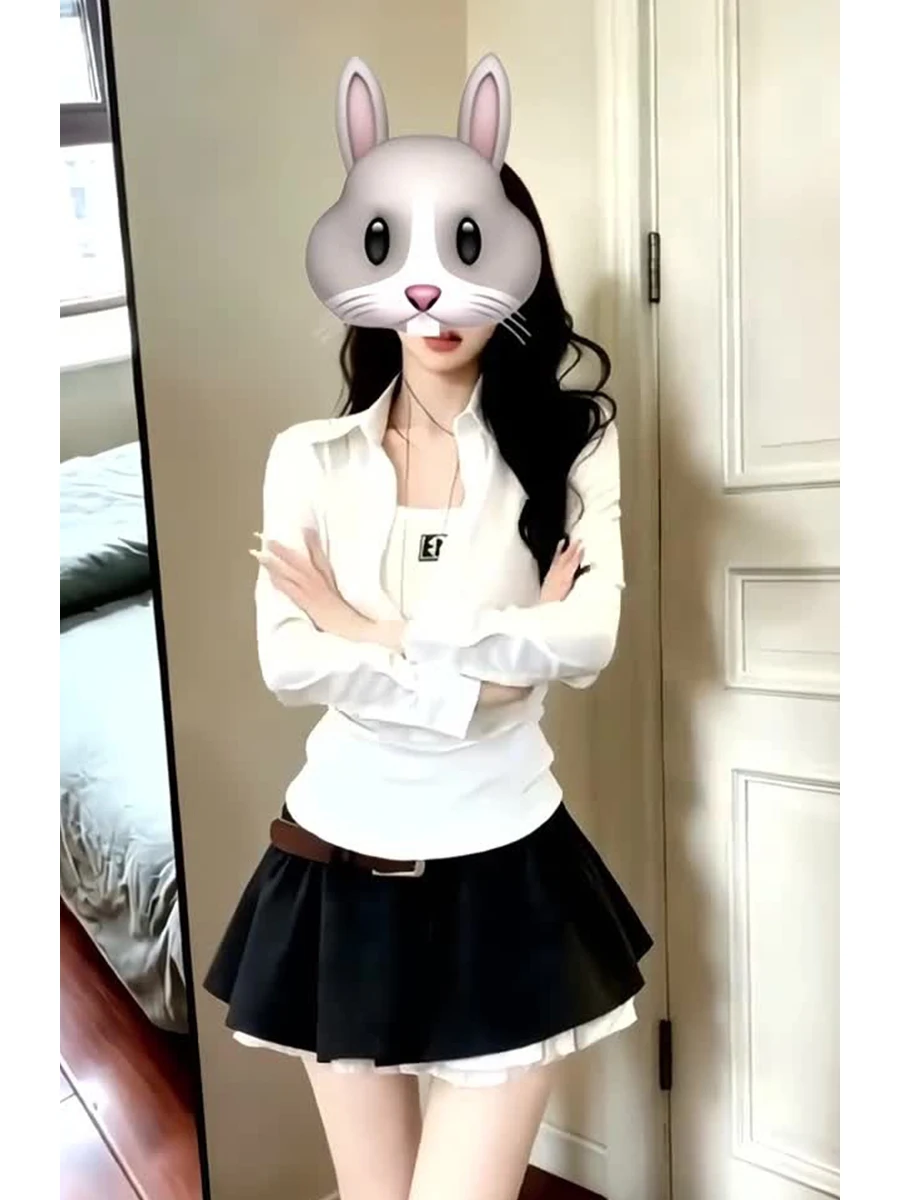 

American Style Spicy Girl Long Sleeve Collared Shirt Women's Spring New Style 2026 Slimming Black Skirt Set Casual Fashion