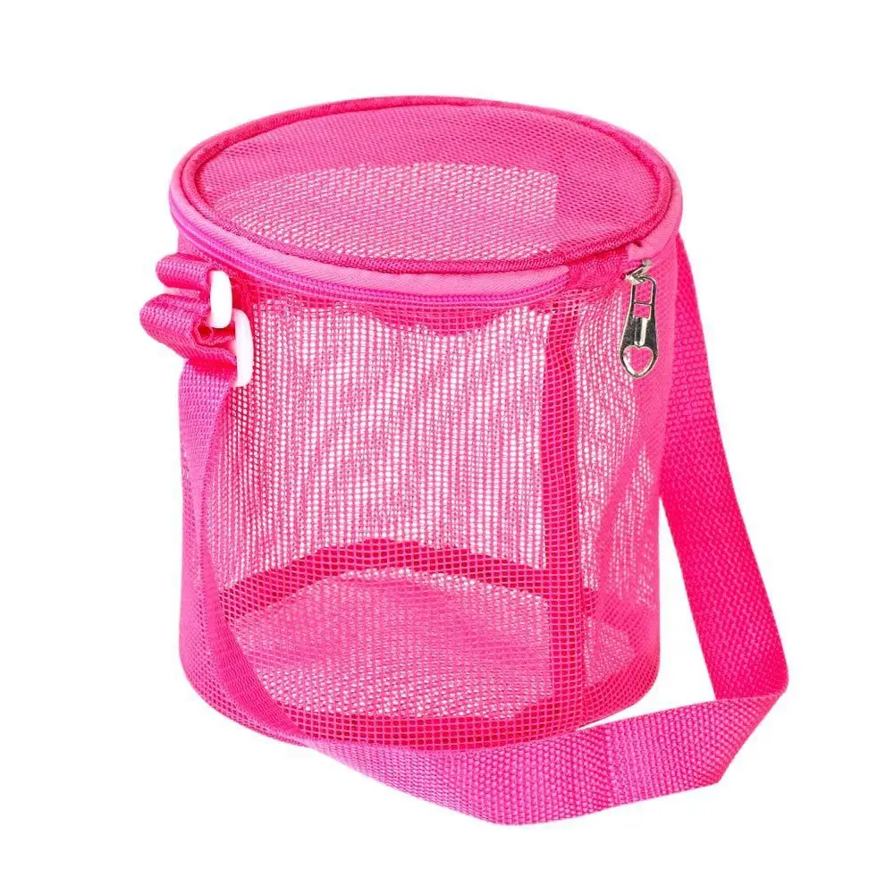 Mesh Beach Bag for Kids Toy Organizer Net Zipper Adjustable Shoulder Strap Storage Pouch Child Shell Collecting Bag Round Bucket