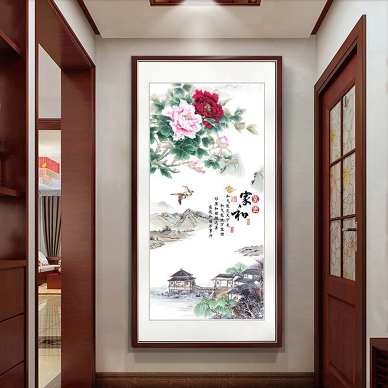 

Новинка 2025: Набор для вышивания крестиком ручной работы, вертикальный, для гостиной/прихожей, с мотивом «Цветущее богатство», Южный Цзянсу, DIY