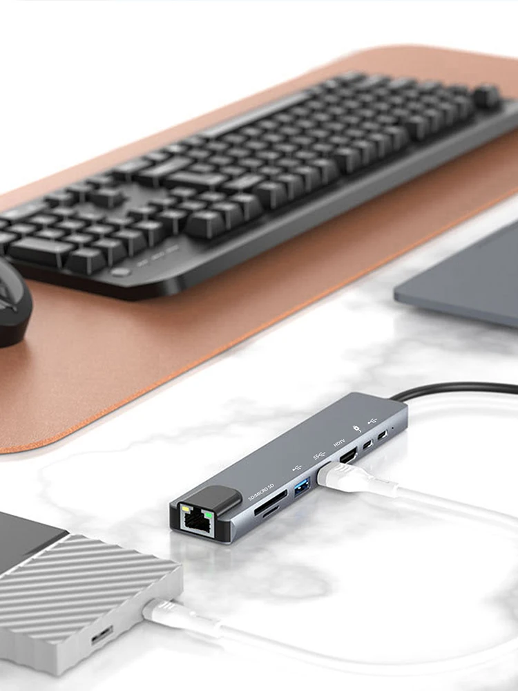 قاعدة توسيع من النوع C ، سبائك الألومنيوم ، بطاقة شبكة Megabit متعددة الوظائف ، دفتر ملاحظات ، نوع C ، 8 في 1