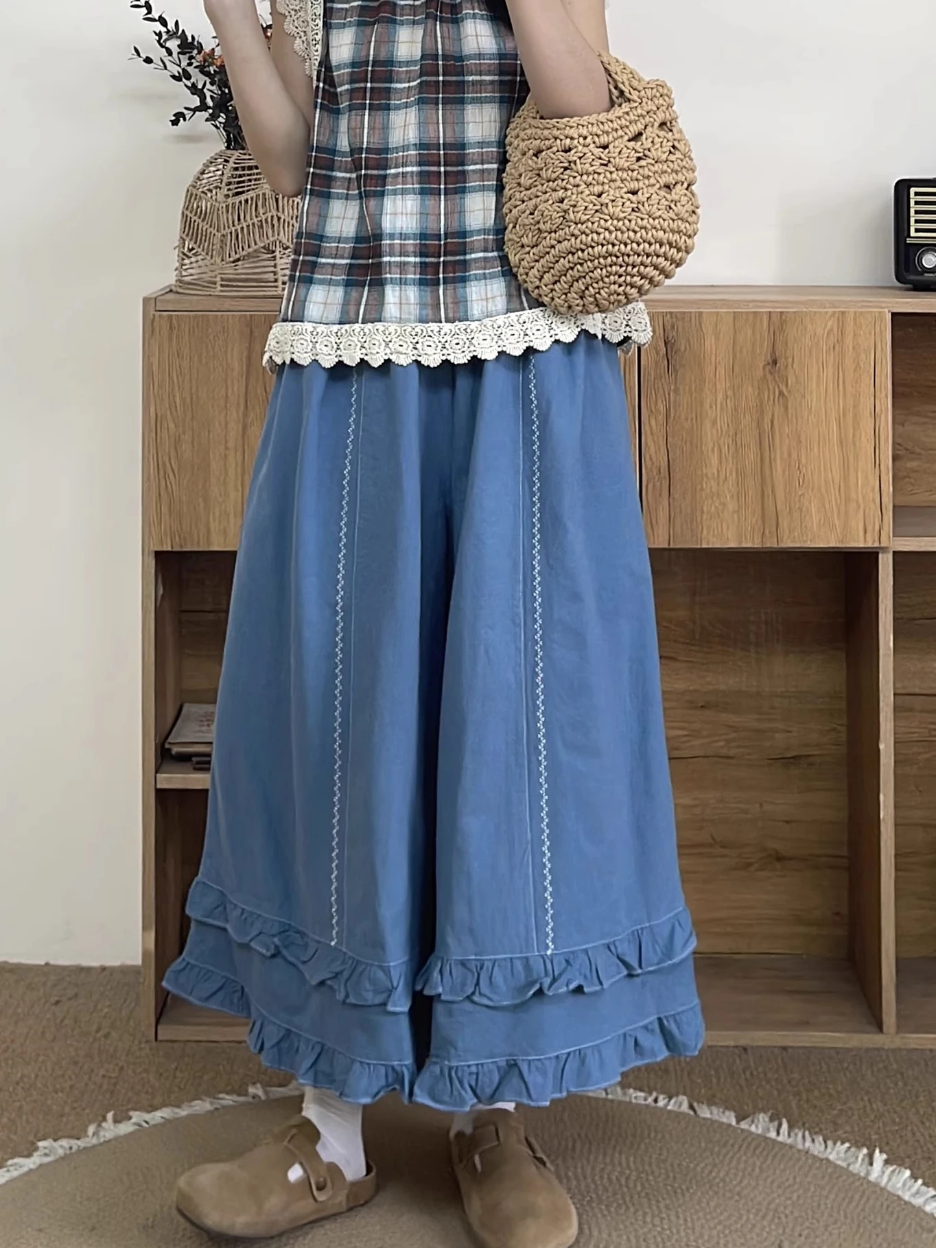 Ele Embroidered Cotton Linen Wide Leg Pants High Waist Nine Points Loose Fit Casual Trousers for Women Summer 2025