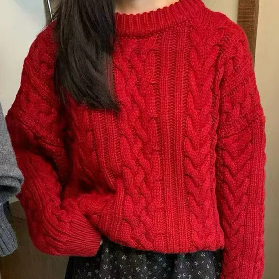 เสื้อไหมพรมถักทรงหลวม แขนยาว ผ้าผสมขนสัตว์และฝ้าย สวมใส่สบาย เหมาะสำหรับฤดูหนาว