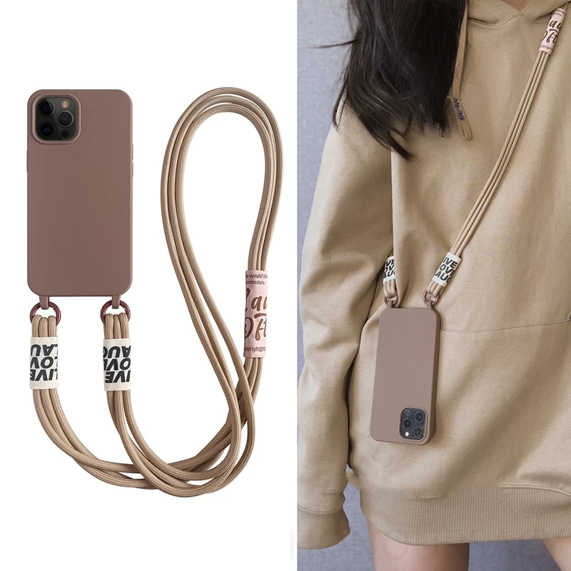 

Crossbody Lanyard Solid Soft Phone Cases For IPhone 17 Air 13 MiNi 17 16 12 11 Pro Max 14 Pro 15 Plus Korea Strap Silicone Cover