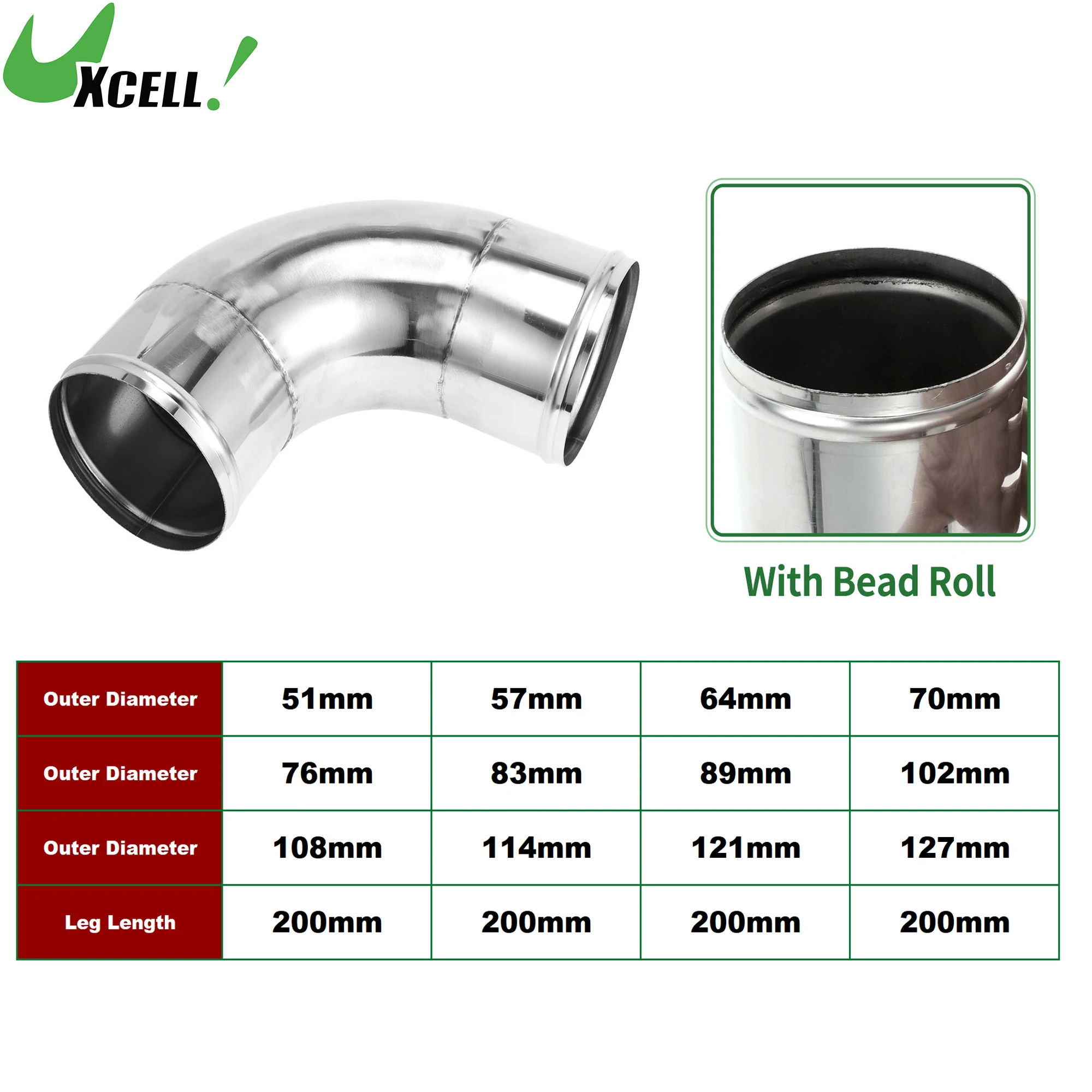 

UXCELL 90 Degree 200mm Leg Length Mandrel Exhaust Tube with Bead Roll Modified Exhaust Tubing Piping T304 51mm-127mm OD