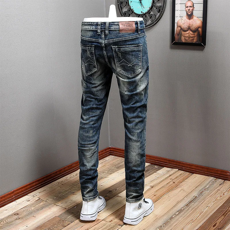 Fashion Vintage Men Jeans Retro Blue Elastic Slim Fit Ripped Jeans Men Patched Trousers Embroidery Designer Casual Denim Pants