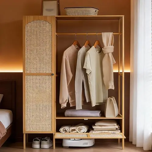 Minimalist Bamboo Free Standing Clothes Rack with Rattan Doors & Drawers, Open Wardrobe Organizer with Storage Shelves