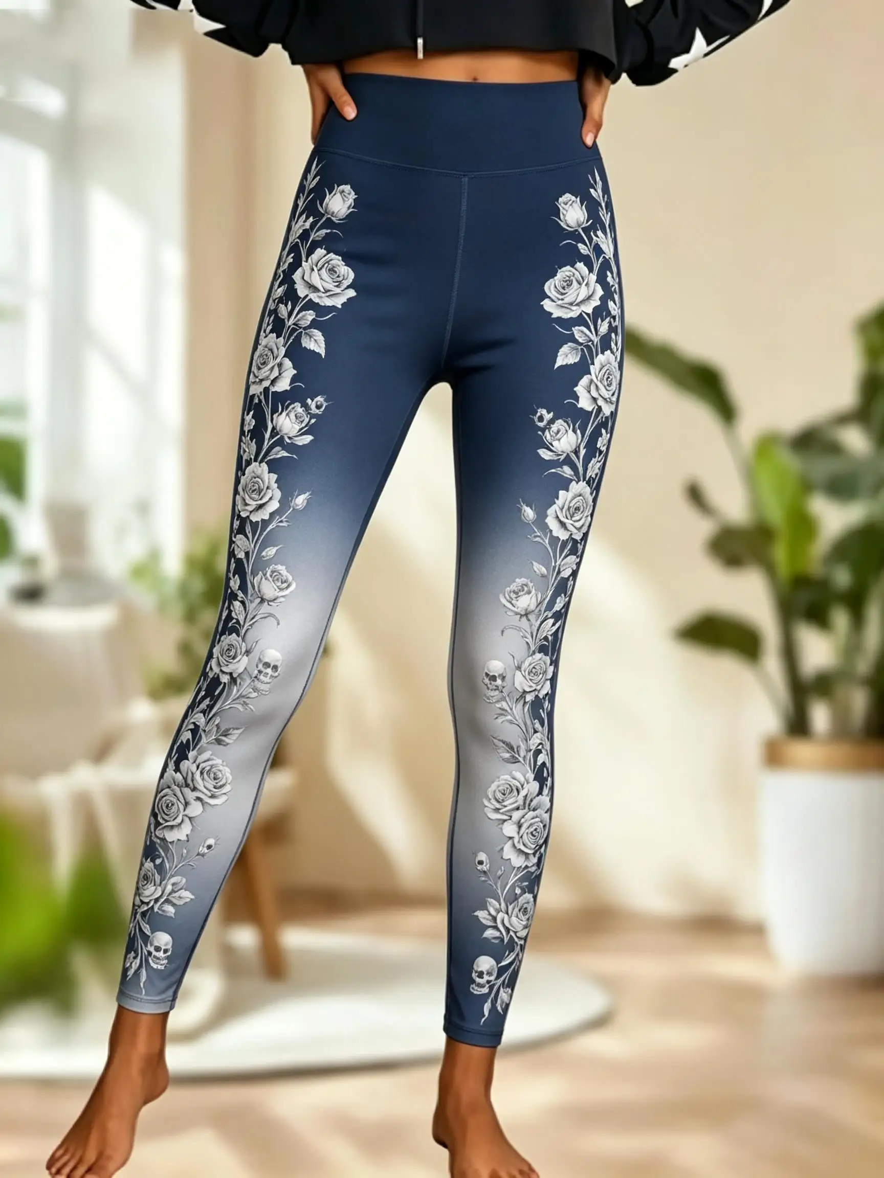 Women Fleece Mid‑Rise Leggings Gradient White Rose Floral Side Print Stretch Slim Pants