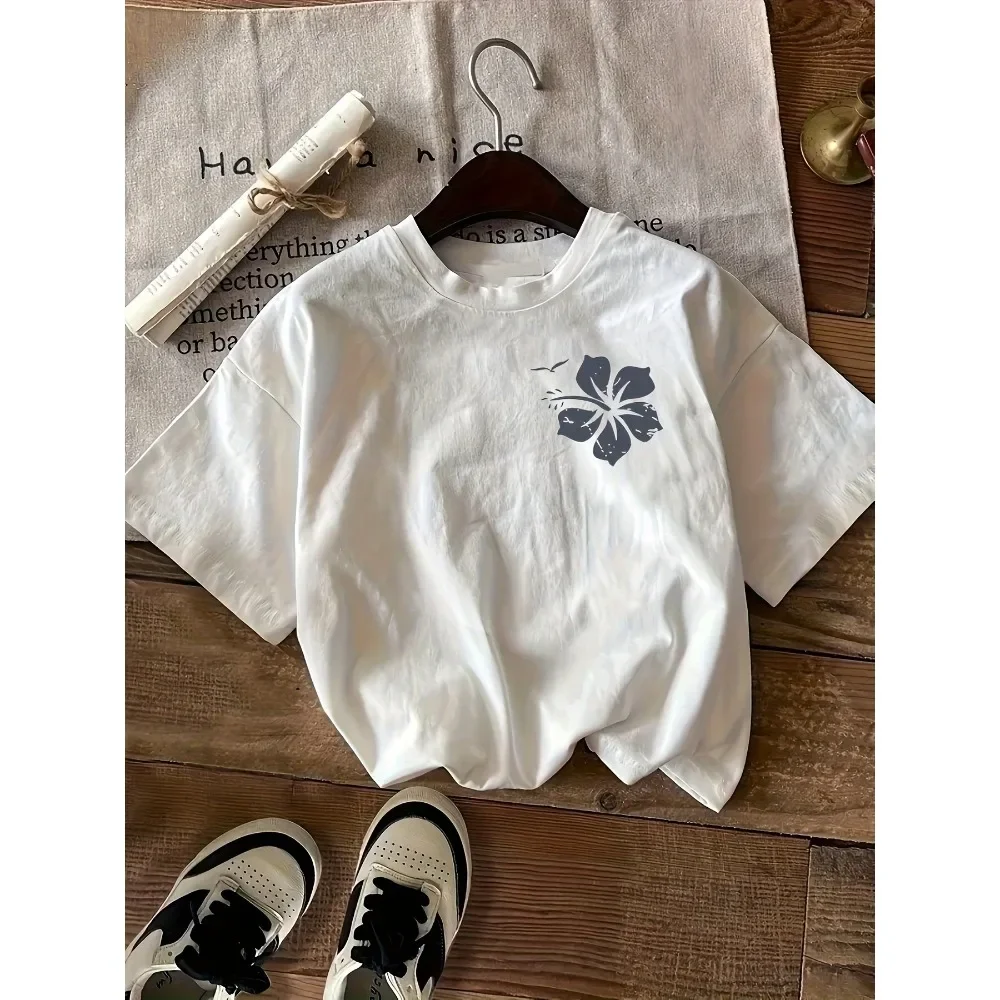 

Футболка с цветочным принтом, повседневный топ с коротким рукавом и круглым вырезом для лета и весны, женская одежда, летний топ, женские футболки