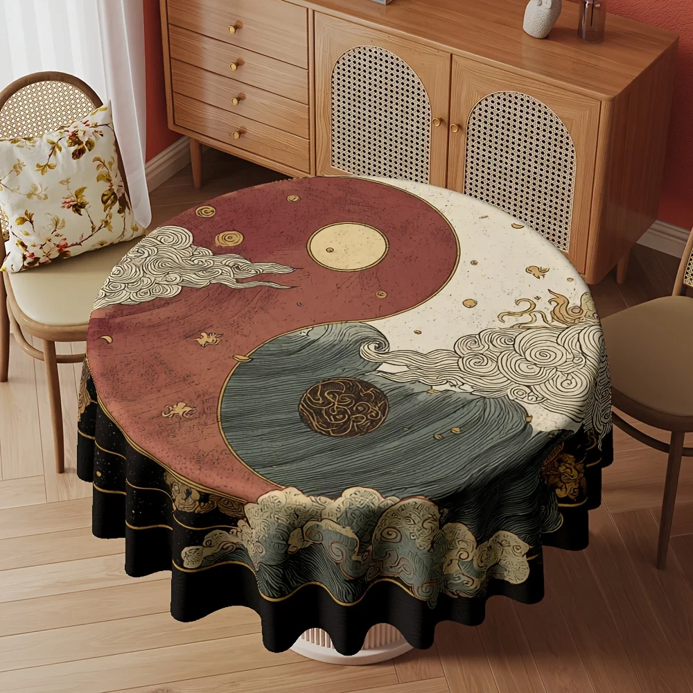 1pc Yin Yang Tai Chi Martial Arts Round Tablecloth 60 Inch Chinese Meditation Design with Traditional Clouds Dragon Patterns