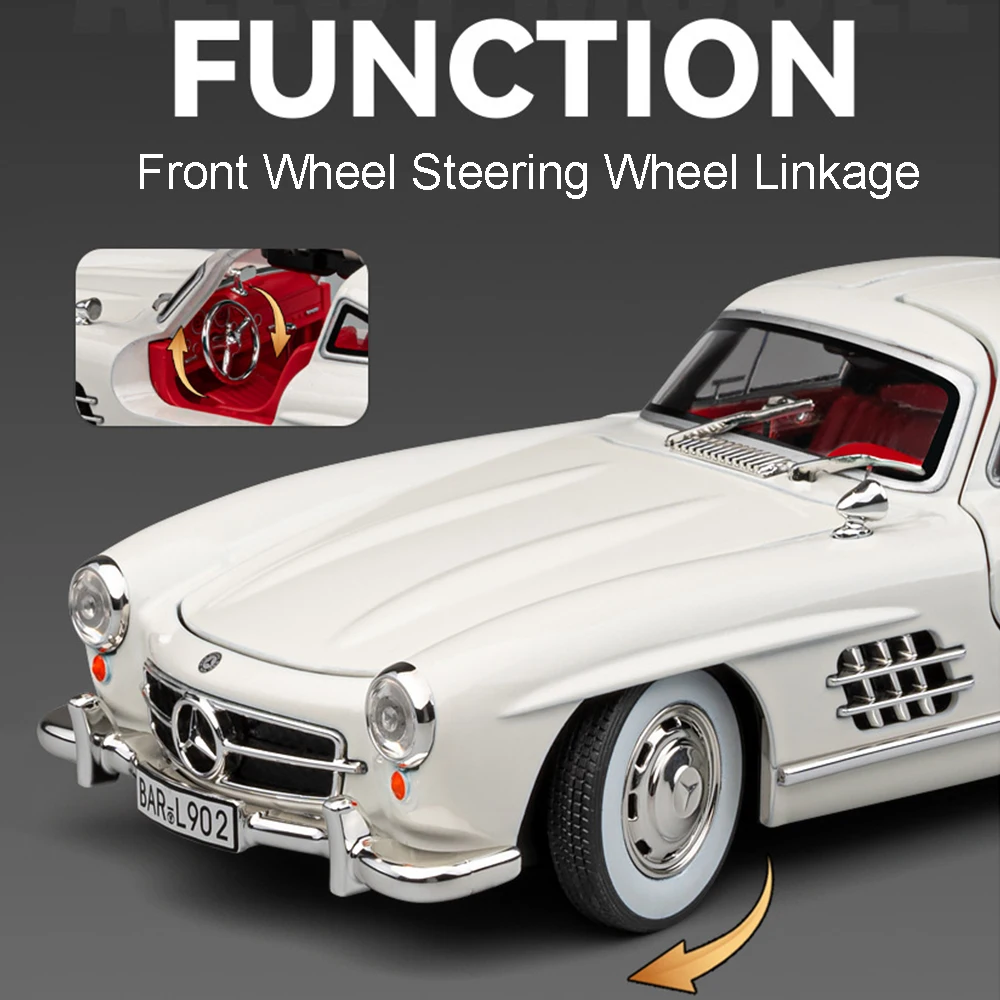 1:24 300SL Vintage Car Toy Models Alloy Diecast Sound Light Doors Opened Pull Back Shock Absorption Christmas Gifts for Kids