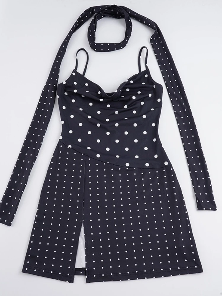 SsTss 新しいセクシーな黒と白の水玉模様のプリントスリングドレス女性のためのファッションネクタイノースリーブスリムスリットシックなナイトパーティードレス