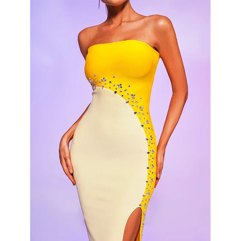 

Women's clothing popular ins dress clothing yellow color matching slit bandage skirt party sexy temperament elegant high-end clo