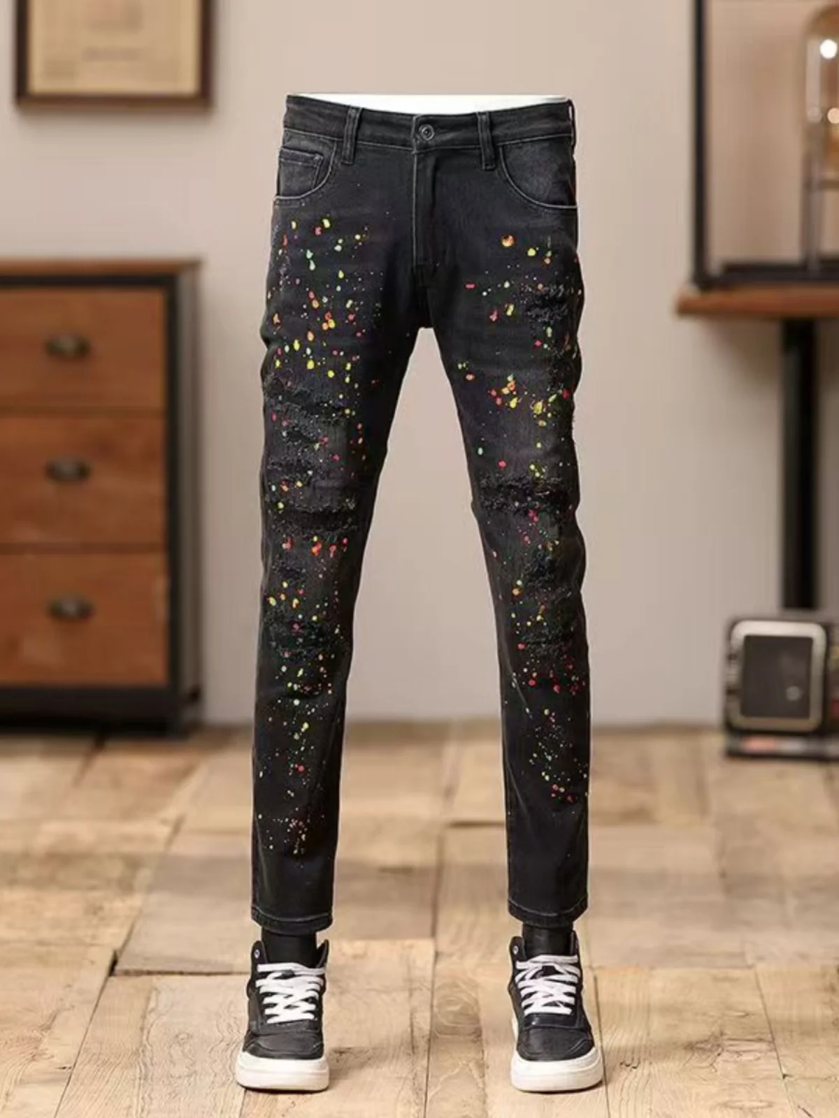 

Весенне-осенние мужские облегающие джинсовые джинсы с отрывной нашивкой, эластичные повседневные длинные брюки, модная молодежная одежда китайского бренда