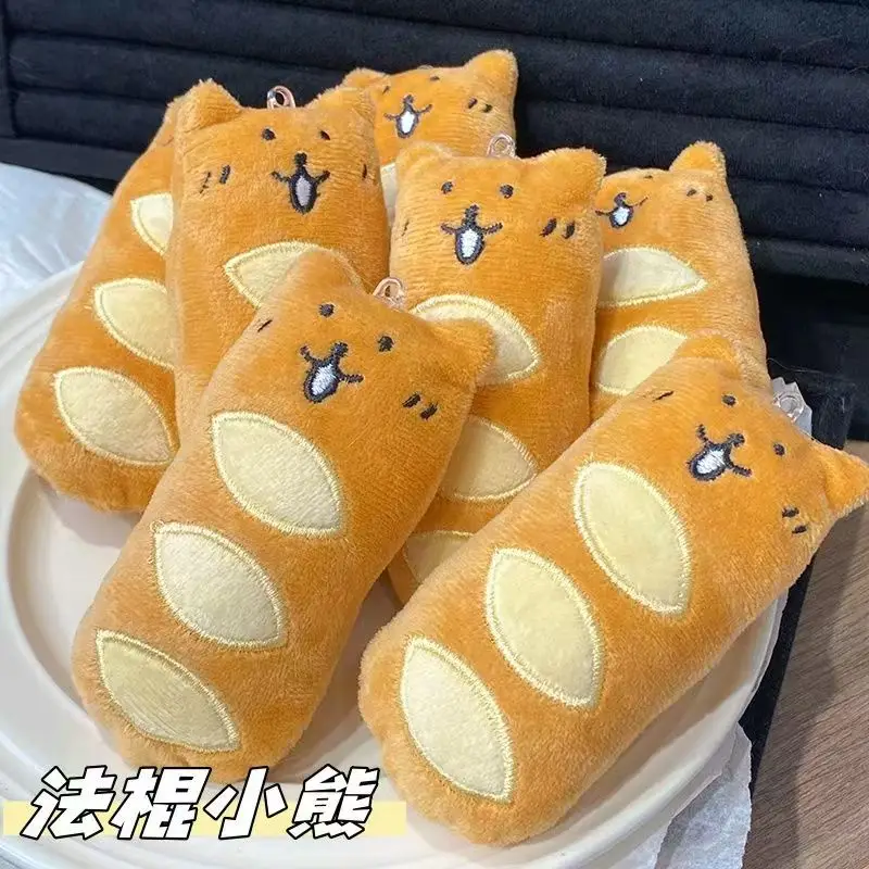 Uroczy, samokrytykujący pluszowy breloczek do kluczy z misiem, motyw chleba i rybki, kawaii biżuteria do torby, kreatywny prezent.