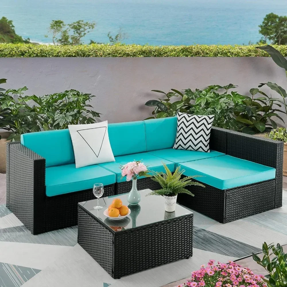 

5 Pieces Outdoor Furniture Rattan Sectional Patio Sofa, Garden Poolside Balcony Wicker Conversation Set with Table Garden Sofas