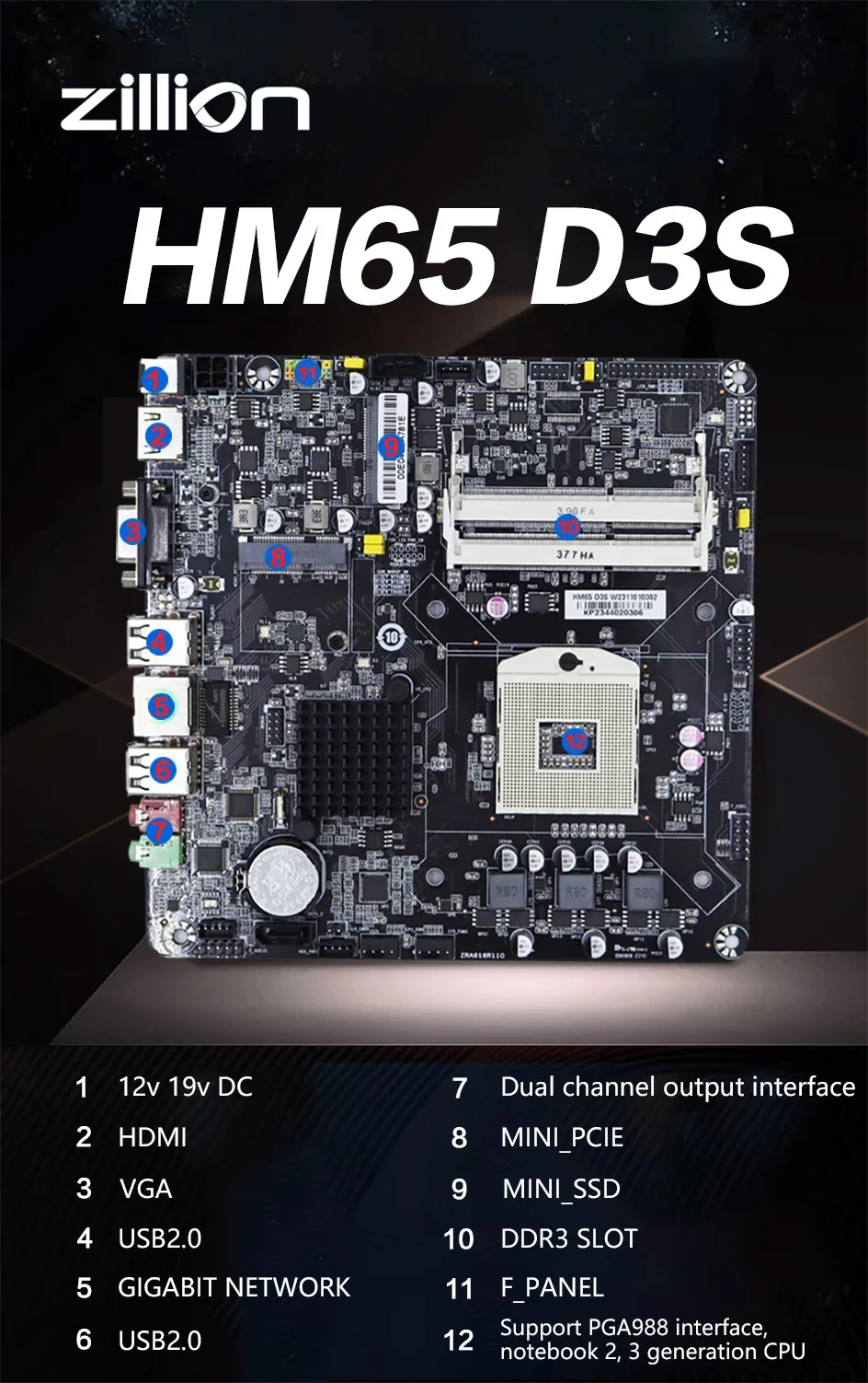 Imagem -06 - Zillion-placa-mãe Mini Itx Pga 989b Suporte Ddr3 Intel Core i3 i5 i7 Cpu Pentium Celeron para pc Gamer Gaming Hm65 Novo