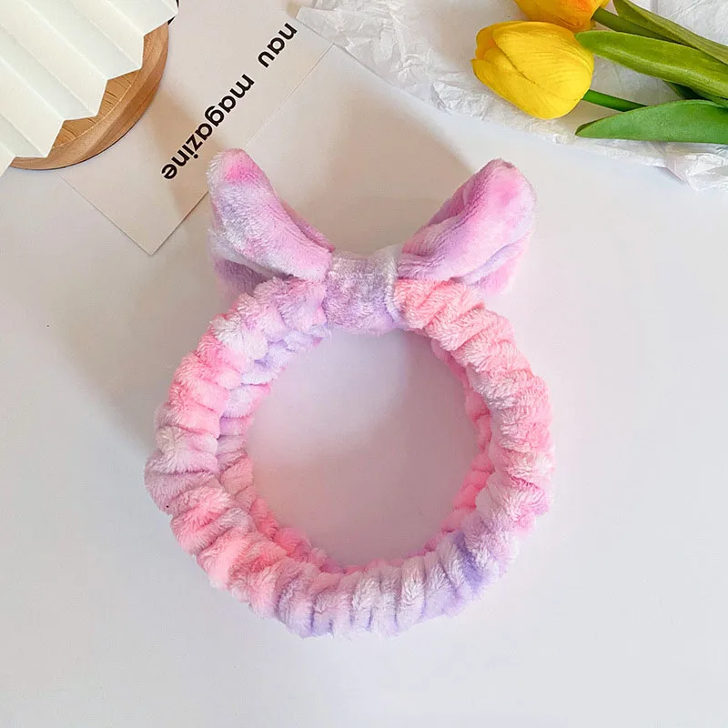 Elastic Lady Colorful Cloudy Print Coral Fleece Shower Make Up Facial Bow Knot Comfortable Skin Care Velvet Decoration Headwraps