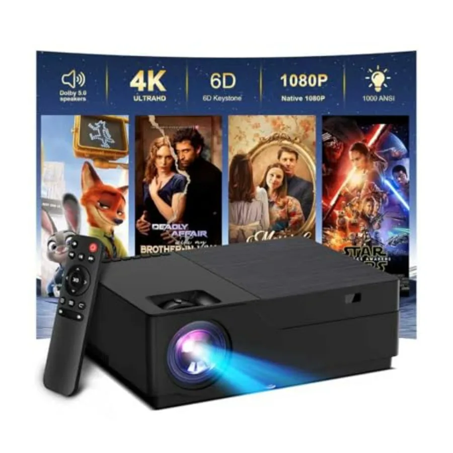 

Портативный проектор с поддержкой 4K, Wi-Fi и Bluetooth для домашнего кинотеатра, спальни, потолочного крепления, кемпинга и использования на открытом воздухе