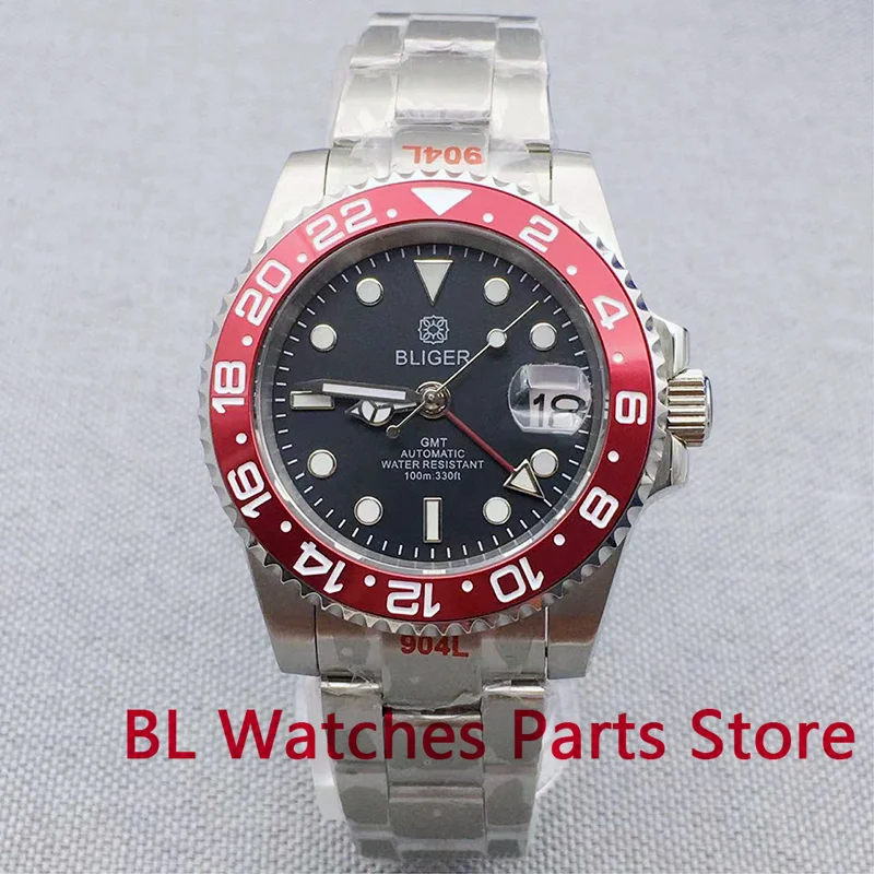 BLIGER Black 24 Hours Bezel GMT Watch For Men Black Dial Red GMT Hands Sapphire Glass Steel Bracelet Glide Clasp Waterproof Date